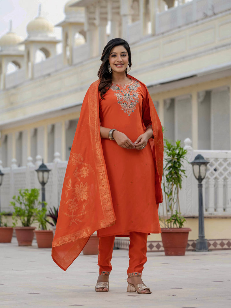 Luxury Orange Premium Roman Silk Suit Set