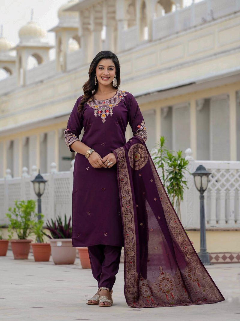 Elegant Wine Premium Roman Silk Suit Set