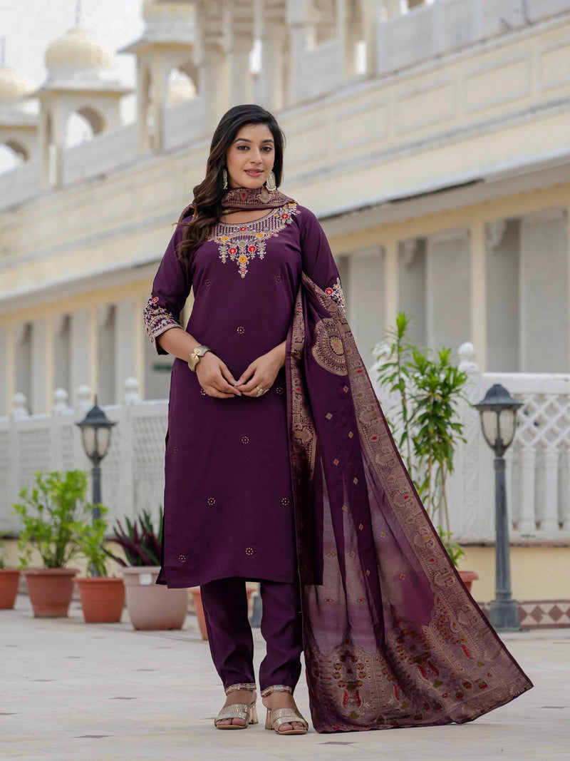 Elegant Wine Premium Roman Silk Suit Set
