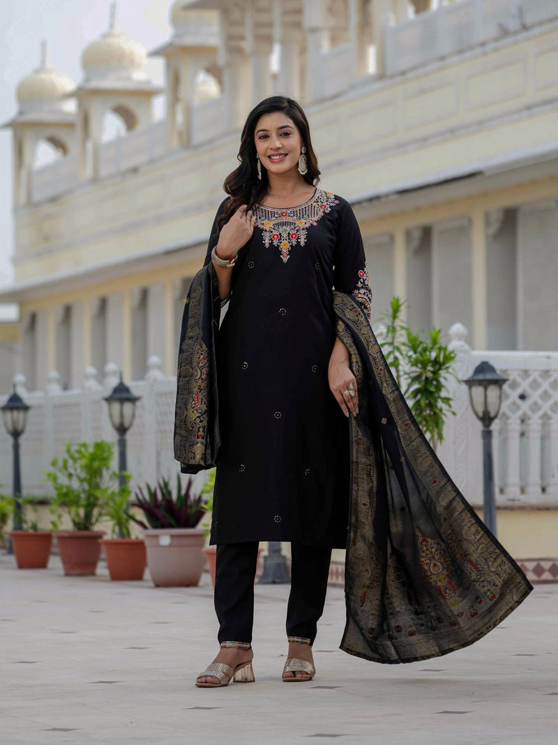 Elegant Black Premium Roman Silk Suit Set