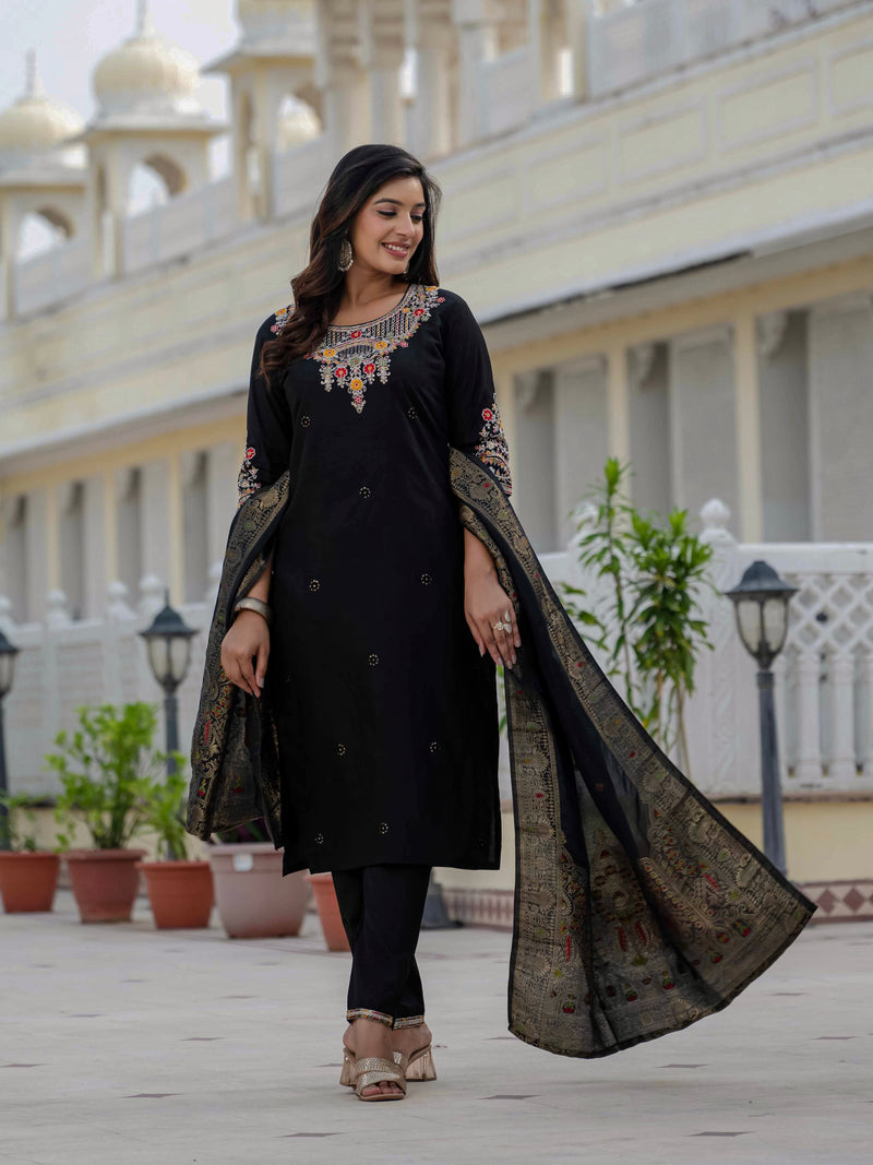 Elegant Black Premium Roman Silk Suit Set