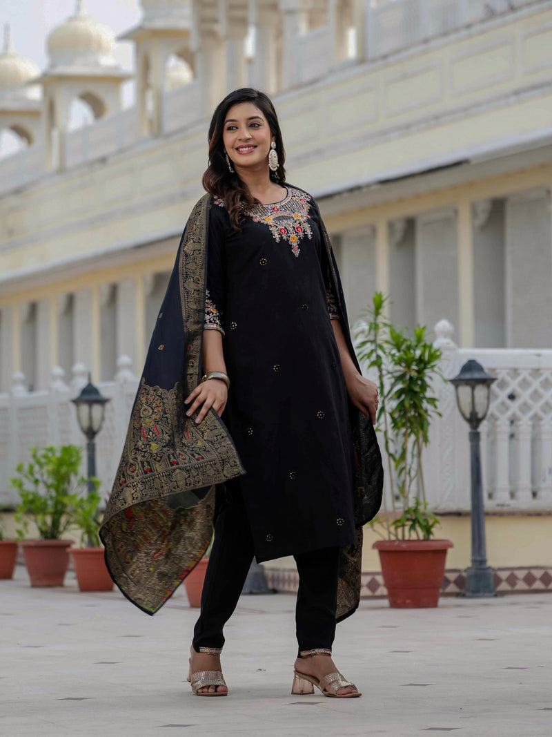 Elegant Black Premium Roman Silk Suit Set