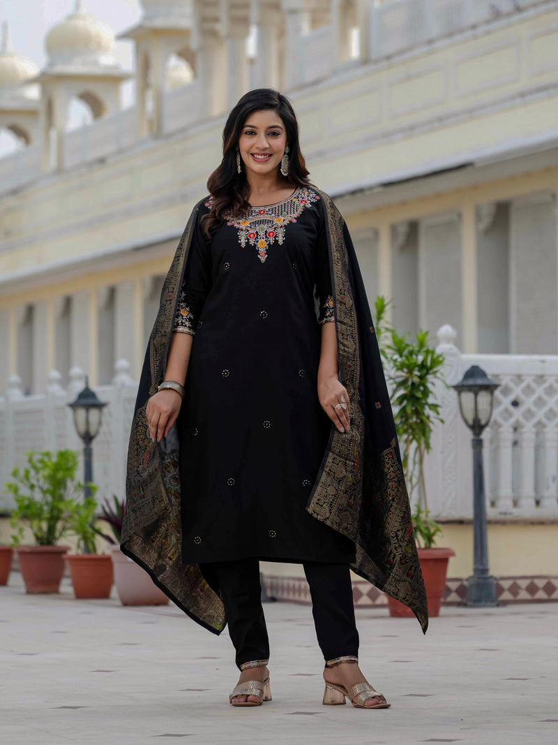 Elegant Black Premium Roman Silk Suit Set
