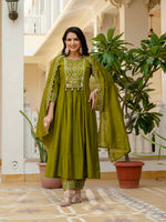 Mehndi Viscose Roman Silk Anarkali Kurti Pant Set