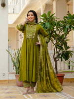 Mehndi Viscose Roman Silk Anarkali Kurti Pant Set