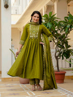 Mehndi Viscose Roman Silk Anarkali Kurti Pant Set