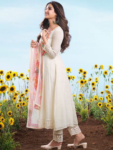 Off White Embroidered Cotton Chex Suit Set