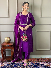 Wine Mehira Embroidered Rayon Suit Set