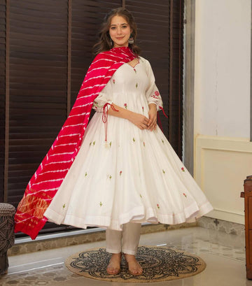 Off White Embroidered Chanderi Suit Set
