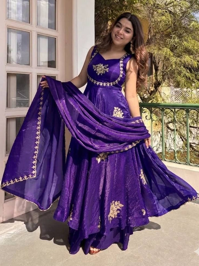 Purple Embroidered Anarkali Suit Set