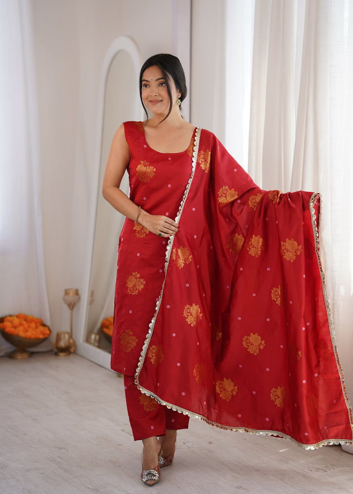 Red Aura Chanderi Jacquard Suit Set