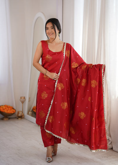 Red Aura Chanderi Jacquard Suit Set