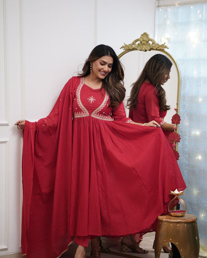 Pure Muslin Cotton Embroidery Suit Set with Chanderi Dupatta