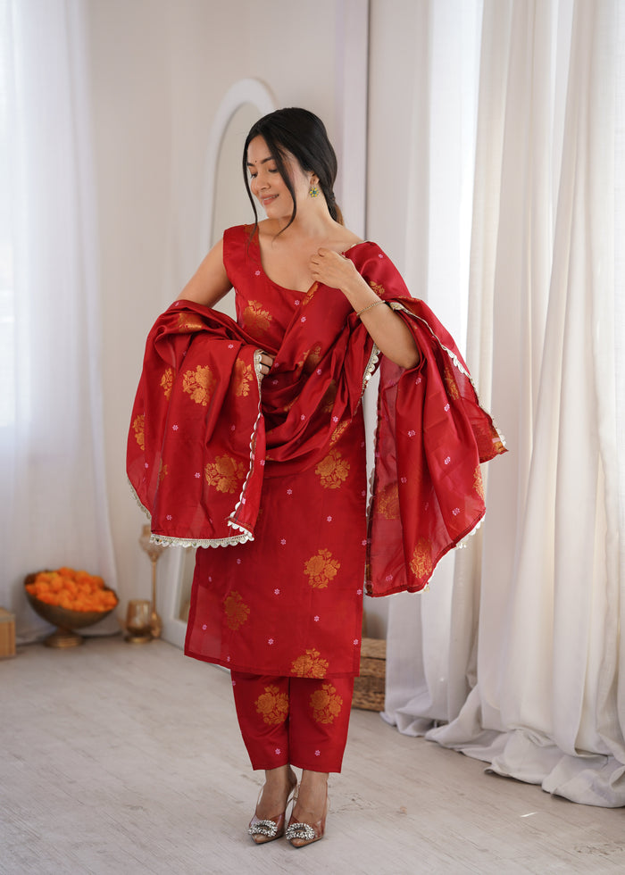 Red Aura Chanderi Jacquard Suit Set