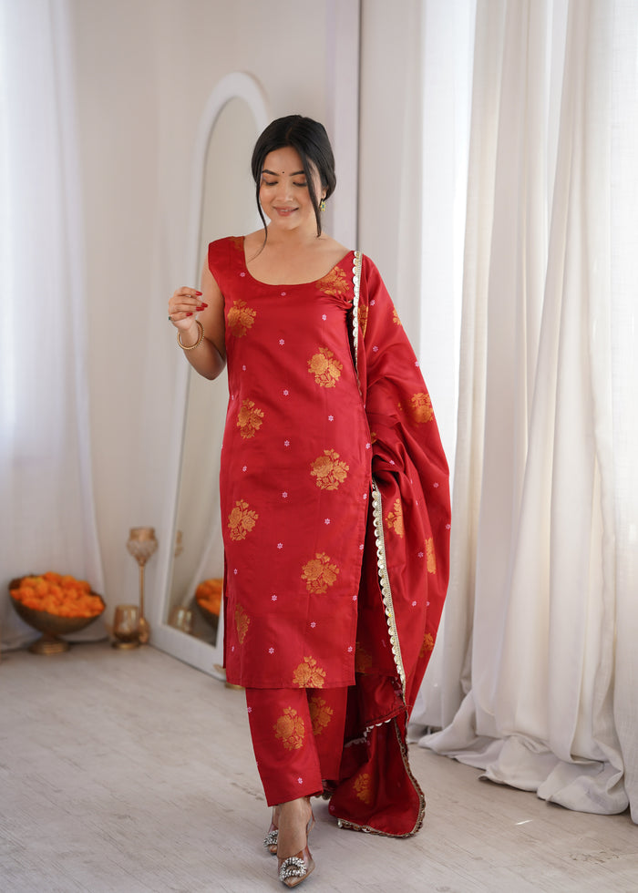 Red Aura Chanderi Jacquard Suit Set