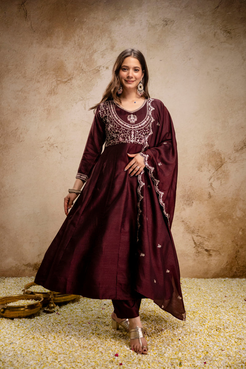 Brown Embroidered Vichitra Silk Anarkali Suit Set