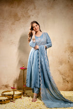 Sky Blue Embroidered Vichitra Silk Anarkali Suit Set