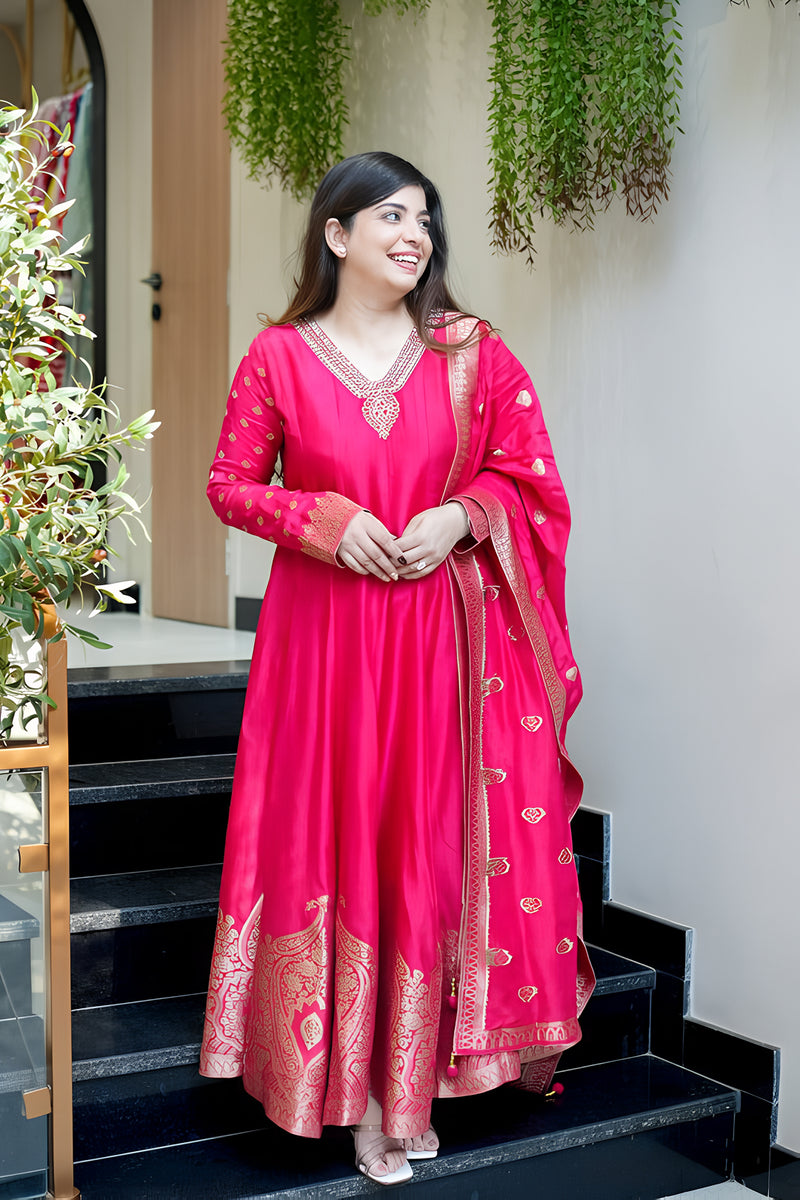 Rani Pink Banarasi Anarkali Suit – Handwork Neckline & Zari Flare