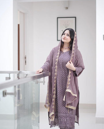 Peach Embroidered Georgette Kurta Set