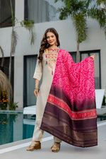 Cream Viscose Simmer Embroidered Kurti Set