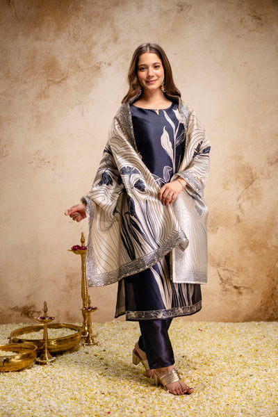 Navy Blue Floral Printed Soft Kurta Pant Set