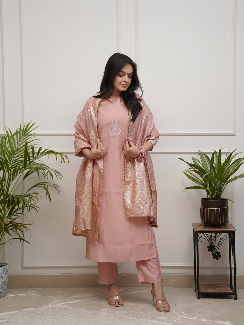 Chanderi Silk Celebration Suit with Detailed Embroidery