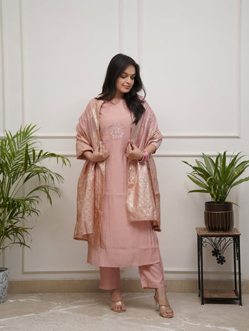 Chanderi Silk Celebration Suit with Detailed Embroidery