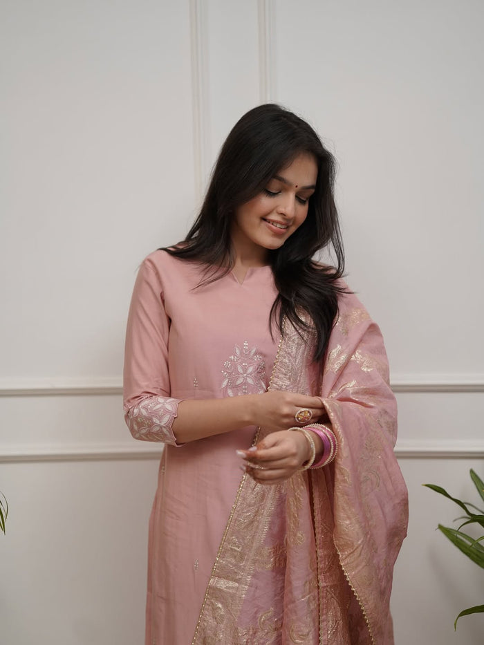 Chanderi Silk Celebration Suit with Detailed Embroidery
