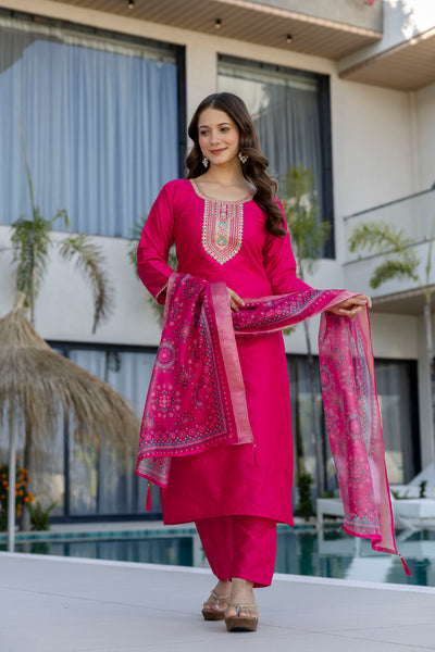 Pink Rani Chanderi Cotton Embroidered Kurti Set