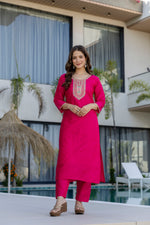 Pink Rani Chanderi Cotton Embroidered Kurti Set