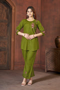 Elegant Dark Green Heavy Rayon Embroidered Co-Ord Set