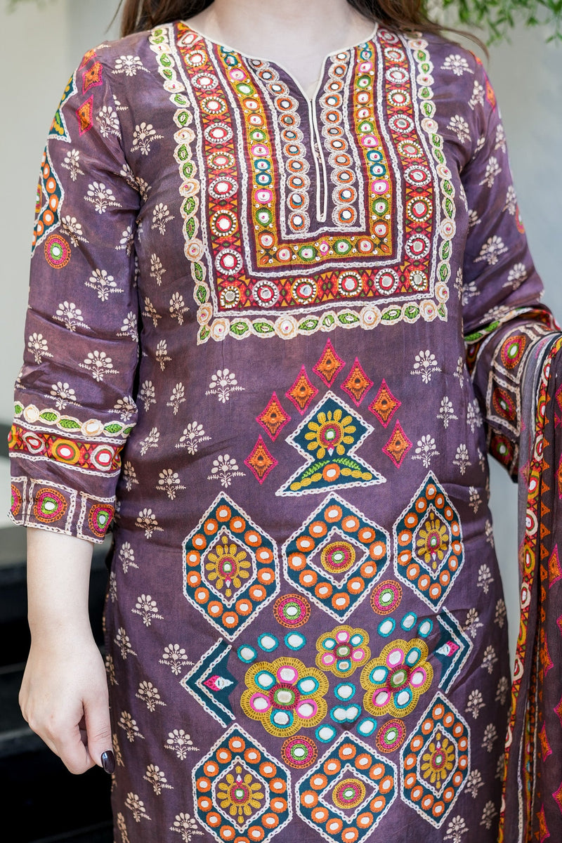 Premium Chinon Silk Brown Printed Kurti Pant Dupatta Set with Handwork Neck