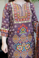 Premium Chinon Silk Brown Printed Kurti Pant Dupatta Set with Handwork Neck