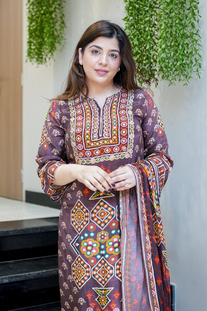 Premium Chinon Silk Brown Printed Kurti Pant Dupatta Set with Handwork Neck