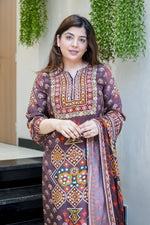 Premium Chinon Silk Brown Printed Kurti Pant Dupatta Set with Handwork Neck