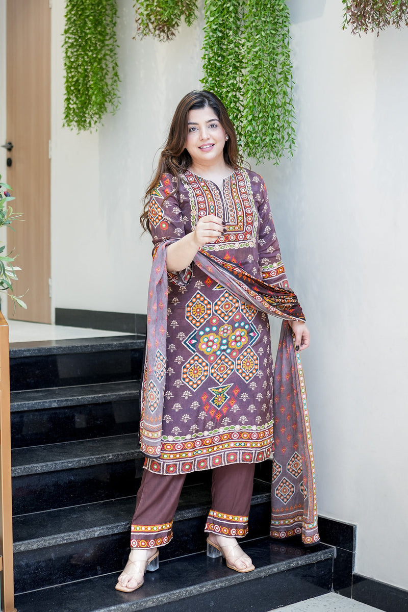 Premium Chinon Silk Brown Printed Kurti Pant Dupatta Set with Handwork Neck