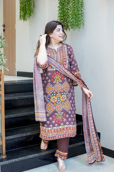 Premium Chinon Silk Brown Printed Kurti Pant Dupatta Set with Handwork Neck