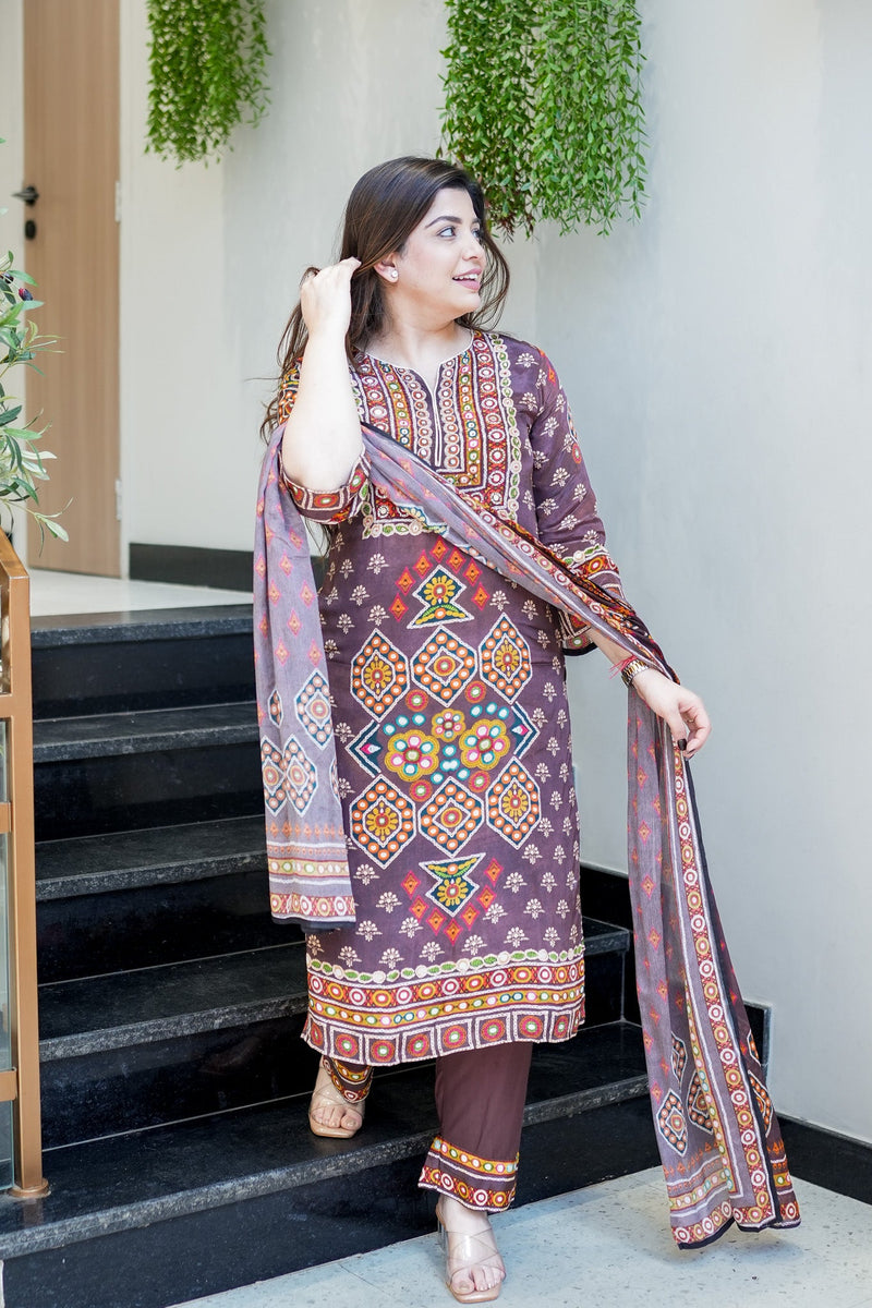 Premium Chinon Silk Brown Printed Kurti Pant Dupatta Set with Handwork Neck