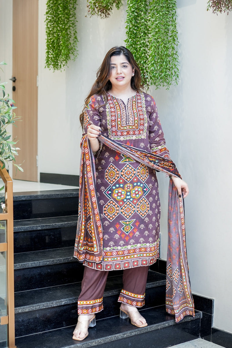 Premium Chinon Silk Brown Printed Kurti Pant Dupatta Set with Handwork Neck