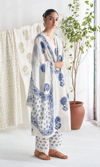 Kalamkari Print Pure Jaipuri Cotton Kurta Pant Dupatta Set