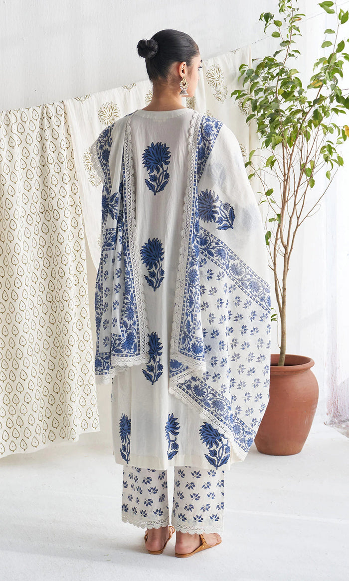 Kalamkari Print Pure Jaipuri Cotton Kurta Pant Dupatta Set