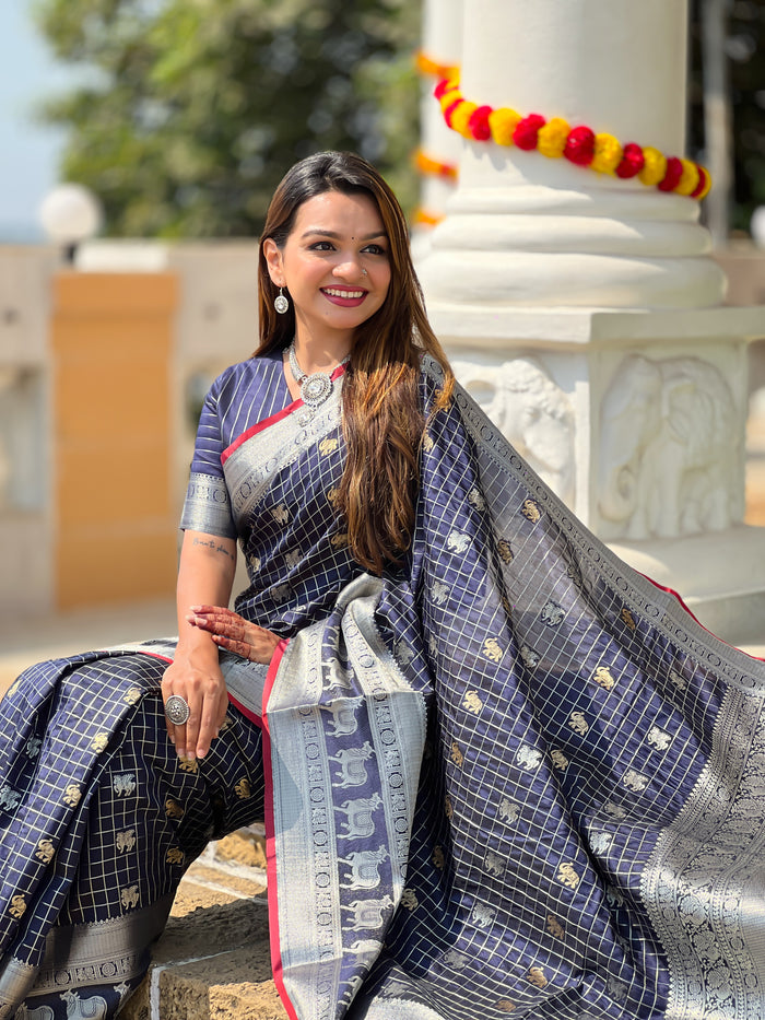 Royal Navy Blue Jacquard Saree – Elegant Weave for Festive & Party Wear