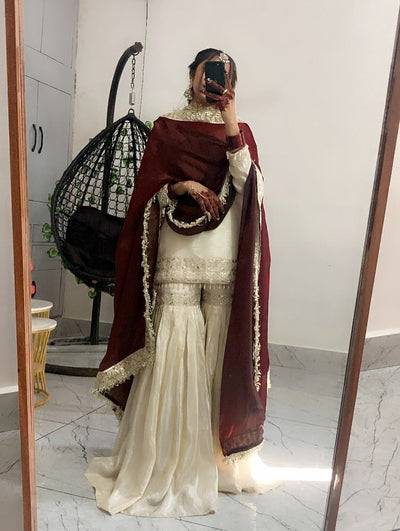 Cream Chinnon Silk Embroidered Sharara Set