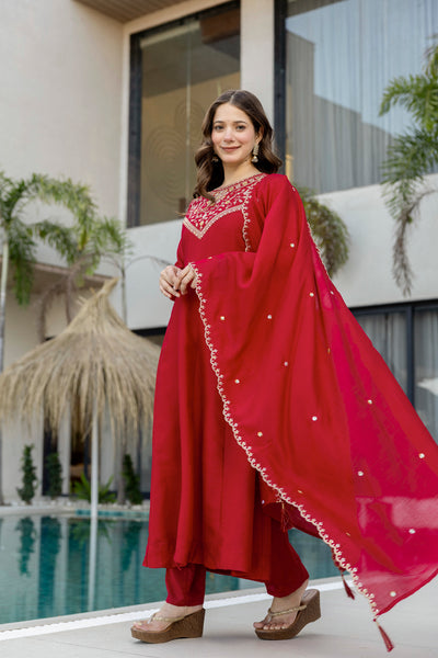 Red Embroidered Vichitra Silk Anarkali Kurta Set