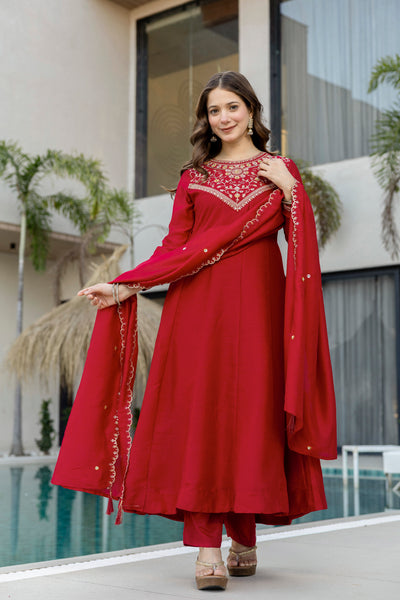 Red Embroidered Vichitra Silk Anarkali Kurta Set