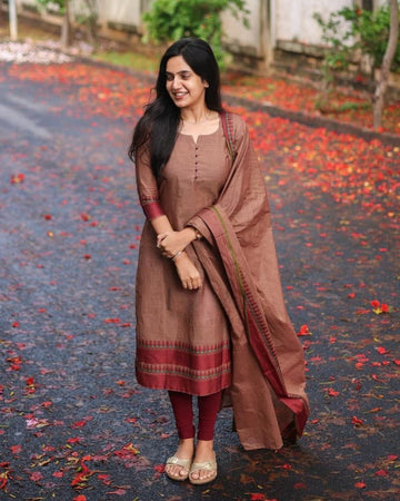 Brown Kanchi Cotton Suit Set with Jacquard Weaving & Dupatta