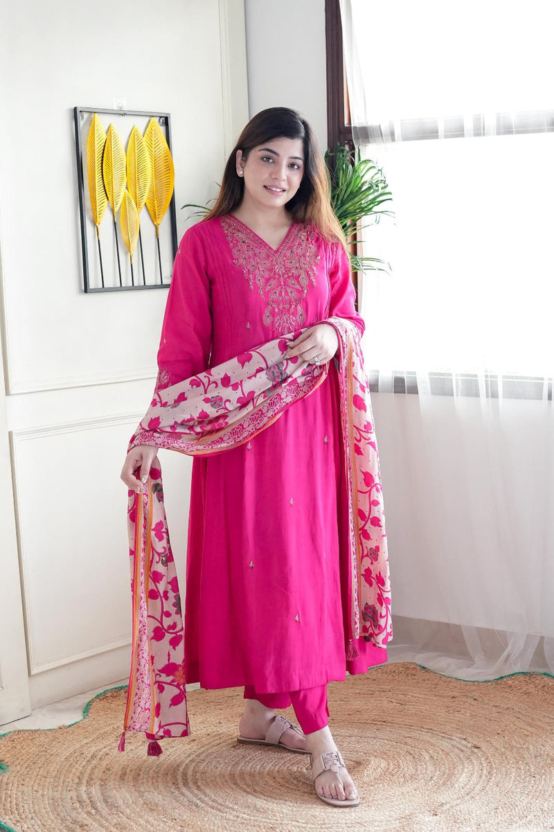 Designer Chanderi Suit Set with V-Neck Embroidery & Cotton Dupatta
