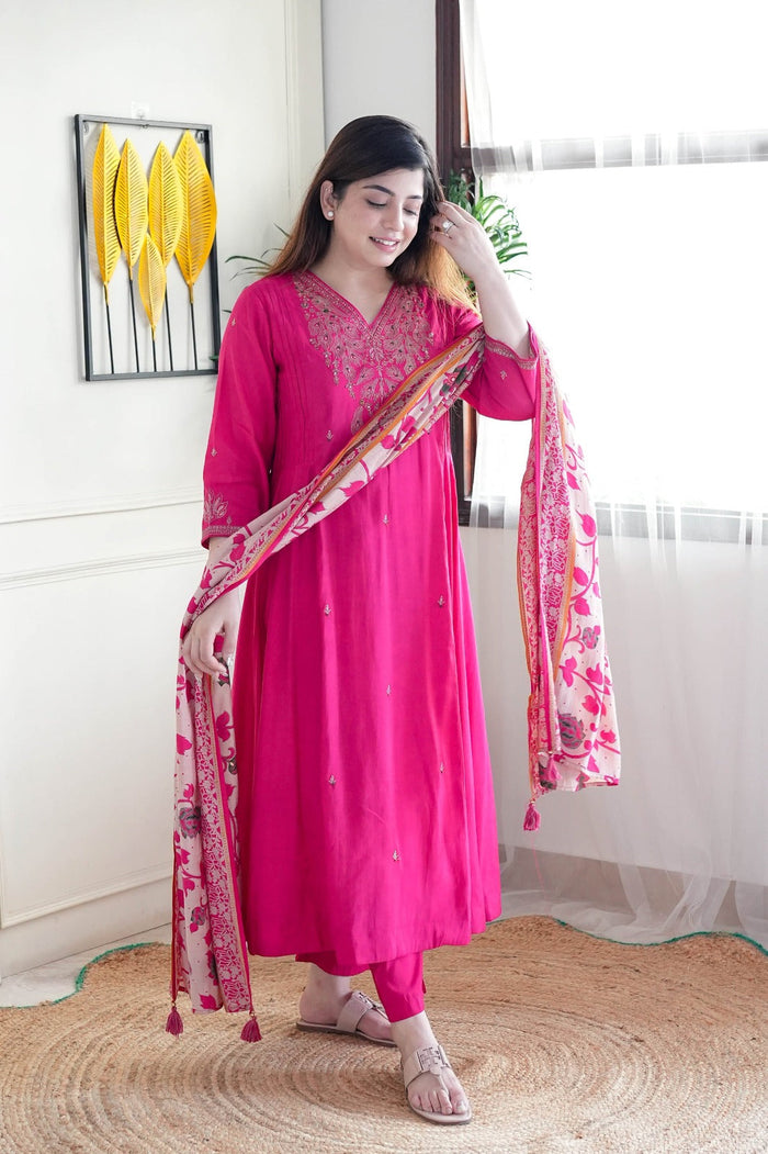 Designer Chanderi Suit Set with V-Neck Embroidery & Cotton Dupatta