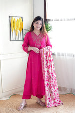 Designer Chanderi Suit Set with V-Neck Embroidery & Cotton Dupatta