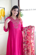 Designer Chanderi Suit Set with V-Neck Embroidery & Cotton Dupatta